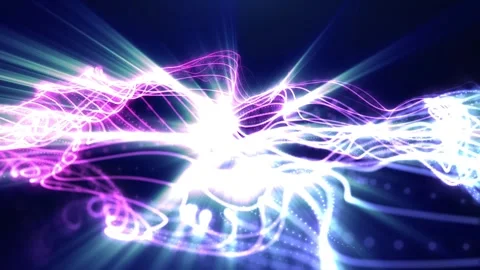 Abstract digital dynamic waves of bright particles creating neon beams Stock Footage 308157376