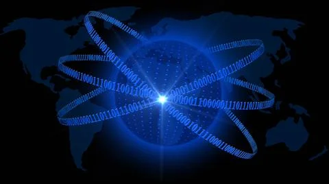 Abstract digital earth encircled by binary code lines on blurred world map Stock Illustration