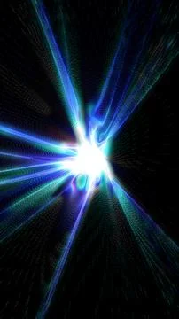 Abstract digital explosion of blue light rays and particles radiating from a  Illustrazione stock