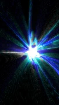 Abstract digital explosion of blue light rays and particles radiating from a  Illustrazione stock