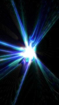 Abstract digital explosion of blue light rays and particles radiating from .. Stock Illustration