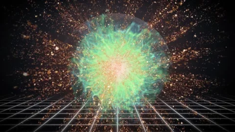 Abstract digital explosion of particles and energy, glowing green and gold Stock Footage 337461413
