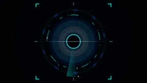Abstract digital eye scanner with concentric blue rings and radiating lines.. 動画素材 334945253