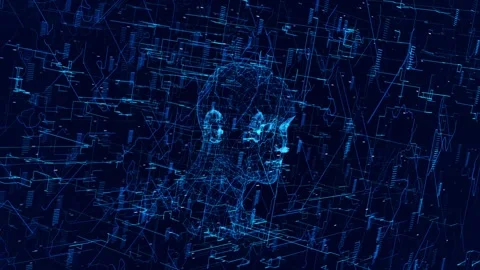 Abstract Digital Face cyberspace lines and dots with human ai brain network Vídeo Stock 292908918