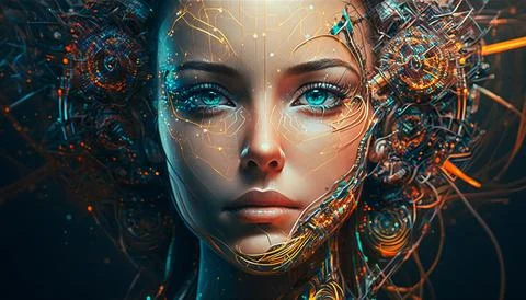 An abstract digital female face with a network of big data connections in the Stock Illustration