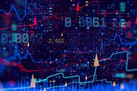Abstract digital financial analytics visualization with colorful stock market Stock Photos