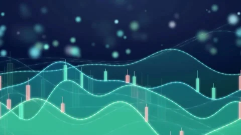 Abstract Digital Financial Chart with Candlestick Graphs and Glowing Data Lines Stock Footage 343864531