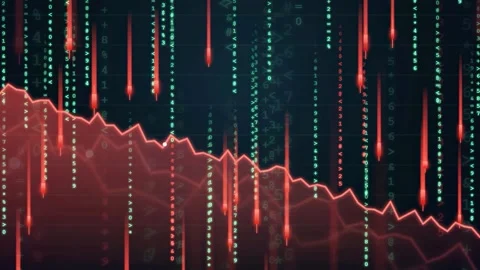 Abstract Digital Financial Chart with Falling Red Line and Binary Code Data Stock-Footage 343442399