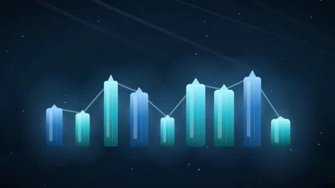 Abstract Digital Financial Chart with Glowing Blue Candlestick Graphs and Data Stock Footage 344775428
