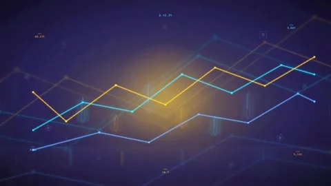 Abstract Digital Financial Data Chart with Glowing Blue and Gold Line Graphs on Видео 340402837