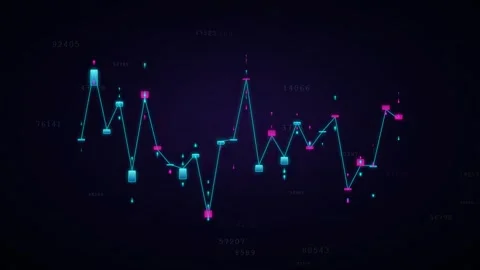 Abstract digital financial data graph with fluctuating neon blue and purple Stock Footage 344775316