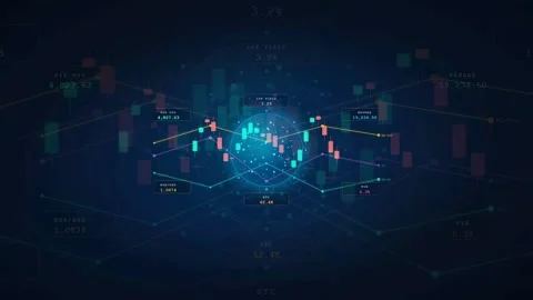 Abstract digital financial data visualization with glowing blue charts and Vidéo 340402769