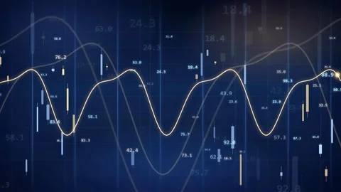 Abstract digital financial data visualization with moving gold line graphs and Stock Footage 343439223