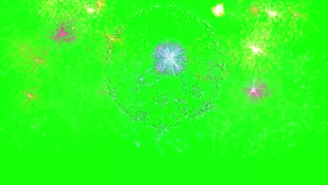 Abstract digital fireworks explosion with vibrant colors on green background Видео 345864094