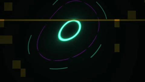 Abstract Digital Glitch Animation with Glowing Neon Circular HUD Elements. Stock Footage 341779641
