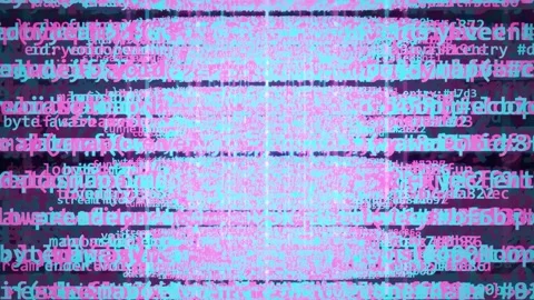 Abstract digital glitch animation with scrolling computer code and distorted Stock Footage 343433402
