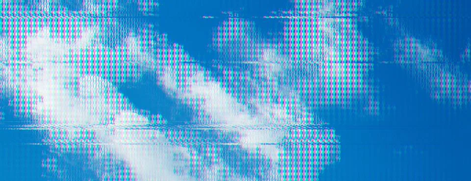 Abstract digital glitch effect over bright blue sky and clouds, wide panora.. Stock Illustration