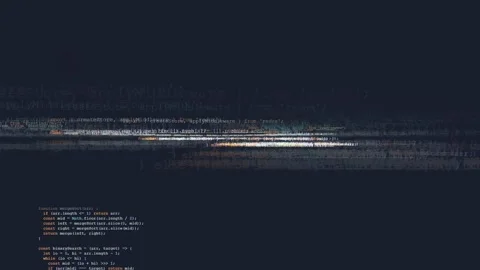 Abstract Digital Glitch Effect with Scrolling Computer Programming Code on Dark Stock Footage 339966901