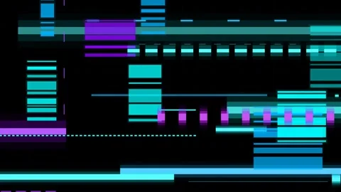 Abstract digital glitch overlay with shifting neon blue and purple shapes i.. Vídeo Stock 346092093