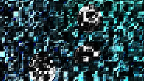 Abstract digital glitch transition with blue and teal pixel noise over blac.. Stock Footage 340940534