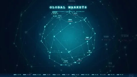 Abstract Digital Global Markets Network with Connecting Nodes and Financial Stockbeeldmateriaal 343445221