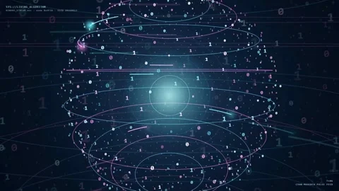 Abstract digital globe of binary data and glowing particles rotating in a dark Video stock 343171676