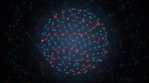 Abstract digital globe of connected blue and red dots and lines on dark Stock Footage 343172516