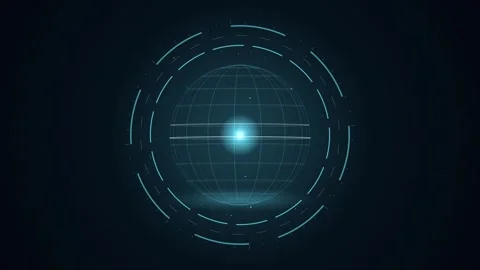 Abstract digital globe design featuring a glowing core and surrounding circ.. Stockbeeldmateriaal 346981211