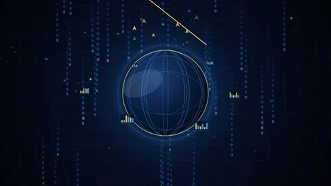 Abstract Digital Globe with Floating Data Charts and Golden Particles on Dark Stock Footage 344776064