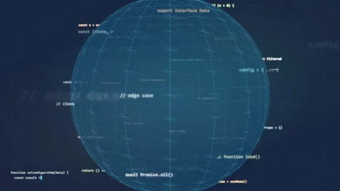 Abstract Digital Globe with Floating Programming Code and Data Streams on Dark Stock Footage 339966764