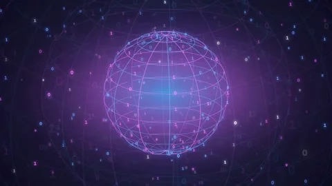 Abstract Digital Globe with Glowing Purple Network Lines and Floating Binary Stock-Footage 343154393
