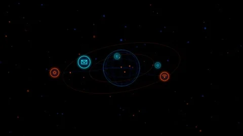 Abstract digital globe with orbiting technology icons and glowing particles.. Stock-Footage 346062532