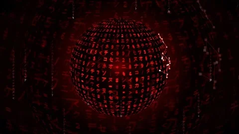 Abstract Digital Globe of Red Binary Code and Data Particles Rotating in Dark Stockbeeldmateriaal 341830468