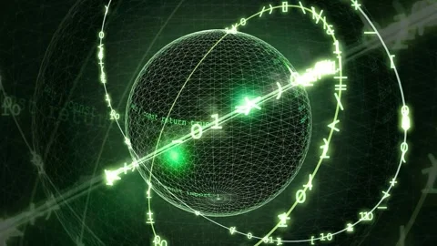 Abstract digital globe with rotating data orbits and glowing green computer Stock Footage 343160942