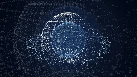 Abstract Digital Globe with Rotating Particle Data Streams and Glowing Blue Stock Footage 343169122