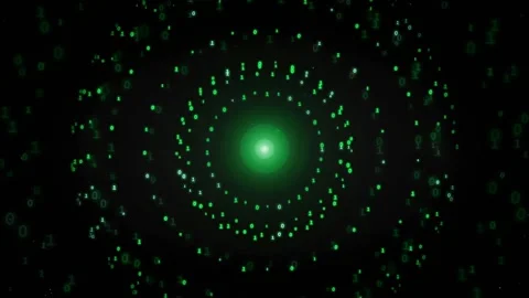 Abstract digital green binary code particles forming a rotating circular tunnel Stock Footage 336774727