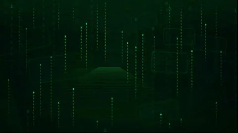 Abstract digital green binary code raining down on a dark futuristic cyberspace Stock Footage 336774891