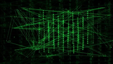 Abstract Digital Green Binary Code Rain with Connecting Plexus Lines on Black Stock Footage 336779381