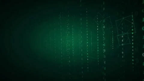 Abstract Digital Green Binary Code Rain with Floating Geometric Wireframe Stock Footage 339323045