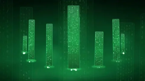 Abstract digital green binary code data towers rising in a futuristic Stock Footage 341834566