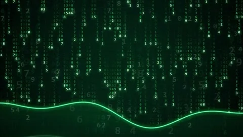 Abstract digital green binary code rain falling with a flowing glowing wave line Stock Footage 343873792