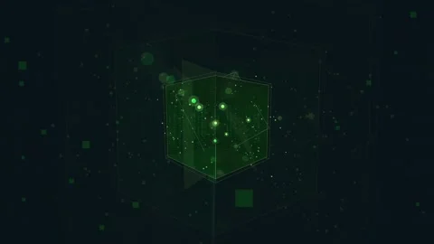 Abstract Digital Green Cube Rotating in Dark Space with Glowing Particles and Stock Footage 336774970