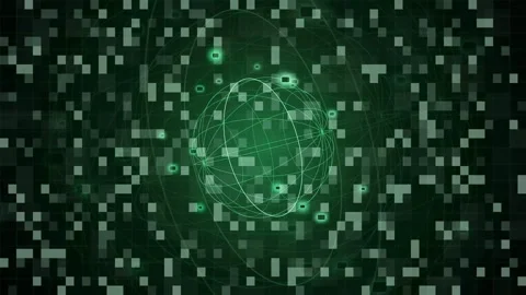 Abstract Digital Green Data Sphere Rotating Over a Background of Floating Vidéo 343157416