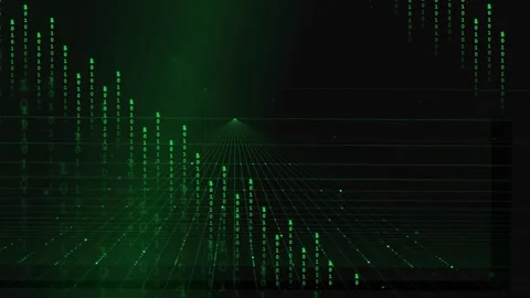 Abstract Digital Green Data Stream with Binary Code and Futuristic Grid Stock Footage 339319573