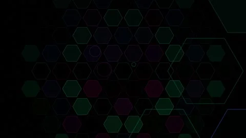 Abstract Digital Grid Background with Colorful Glowing Hexagons and Circles Stockbeeldmateriaal 334821730
