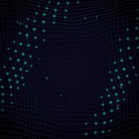Abstract Digital Grid Flowing Waves with Glowing Blue Dots on Dark Background Stock Footage 346282356