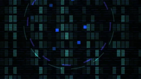 Abstract Digital Grid with Glowing Blue Particles and Circular Overlay. Stock Footage 334446863