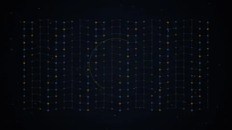 Abstract digital grid with glowing nodes and wave motion against a dark backgrou Stock Footage 348932818