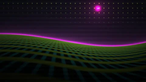 Abstract Digital Grid Landscape with Glowing Neon Horizon Waves and Particl.. Stock Footage 340504892