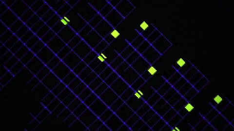 Abstract Digital Grid Pattern with Glowing Neon Squares on Black Background. Stock Footage 334446708